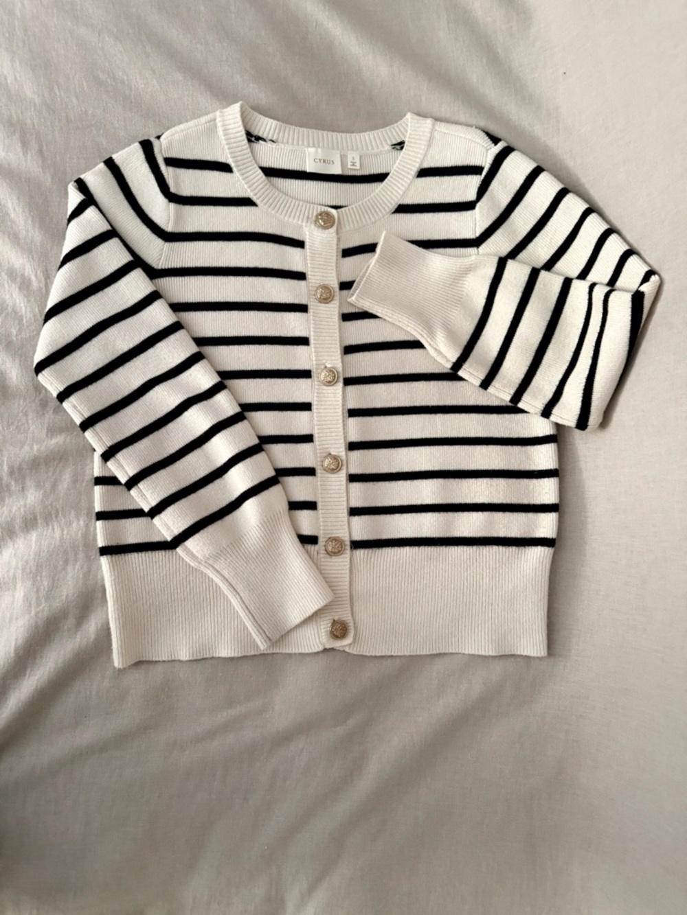 Cyrus | Lady Sweater | Cream & Black Breton Stripe Cardigan | Gold Buttons | S - Picture 6 of 12